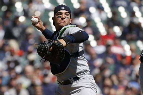 Apr 21, 2022; Detroit, Michigan, USA; New York Yankees catcher Jose Trevino (39) makes a throw to first in the fifth inning against the Detroit Tigers at Comerica Park. Mandatory Credit: Rick Osentoski-USA TODAY Sports