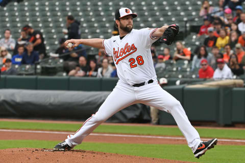 May 1, 2022; Baltimore, Maryland, USA; Baltimore Orioles starting pitcher Jordan Lyles (28) delivers a first inning pitch against the Boston Red Sox at Oriole Park at Camden Yards. Mandatory Credit: Tommy Gilligan-USA TODAY Sports