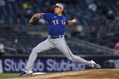 May 8, 2022; Bronx, New York, USA; Texas Rangers starting pitcher Matt Moore (45) delivers a pitch during the seventh inning against the New York Yankees at Yankee Stadium. Mandatory Credit: Vincent Carchietta-USA TODAY Sports