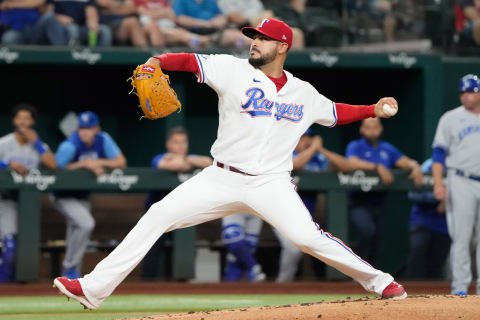 May 10, 2022; Arlington, Texas, USA; Texas Rangers starting pitcher Martin Perez (54) delivers a pitch to the Kansas City Royals during the first inning of a baseball game at Globe Life Field. Mandatory Credit: Jim Cowsert-USA TODAY Sports