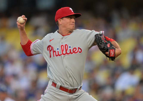 May 13, 2022; Los Angeles, California, USA; Philadelphia Phillies starting pitcher Kyle Gibson (44) pitches in the second inning against the Philadelphia Phillies at Dodger Stadium. Mandatory Credit: Jayne Kamin-Oncea-USA TODAY Sports