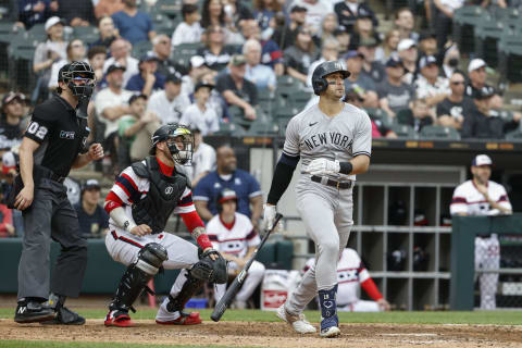 May 15, 2022; Chicago, Illinois, USA; New York Yankees left fielder Joey Gallo (13) hits a two-run home run against the Chicago White Sox during the ninth inning at Guaranteed Rate Field. Mandatory Credit: Kamil Krzaczynski-USA TODAY Sports