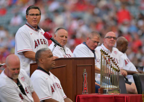 Jun 22, 2022; Anaheim, California, USA; Former Los Angeles Angels Tim Salmon spoke during a pregame ceremony honoring the 20th anniversary World Series title in 2002 at Angel Stadium. Mandatory Credit: Jayne Kamin-Oncea-USA TODAY Sports