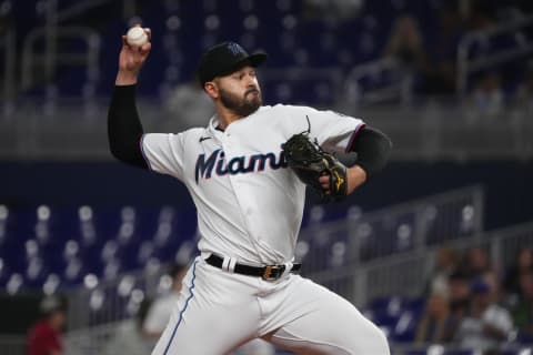 Sep 20, 2022; Miami, Florida, USA; Miami Marlins starting pitcher Pablo Lopez (49) delivers a pitch in the first inning against the Chicago Cubs at loanDepot park. Mandatory Credit: Jasen Vinlove-USA TODAY Sports