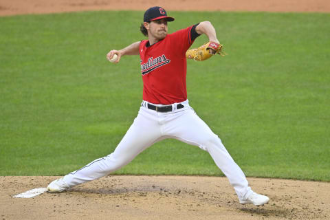 Sep 27, 2022; Cleveland, Ohio, USA; Cleveland Guardians starting pitcher Shane Bieber (57) delivers a pitch in the second inning against the Tampa Bay Rays at Progressive Field. Mandatory Credit: David Richard-USA TODAY Sports