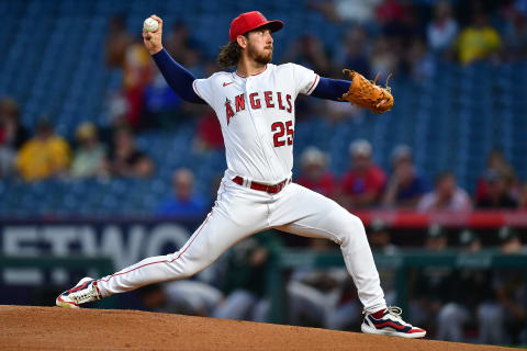 Sep 28, 2022; Anaheim, California, USA; Los Angeles Angels starting pitcher Michael Lorenzen (25) throws against the Oakland Athletics during the first inning at Angel Stadium. Mandatory Credit: Gary A. Vasquez-USA TODAY Sports