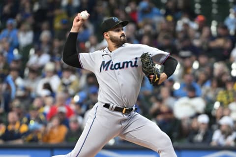 Oct 2, 2022; Milwaukee, Wisconsin, USA; Miami Marlins starting pitcher Pablo Lopez (49) delivers a pitch in the first inning against the Milwaukee Brewers at American Family Field. Mandatory Credit: Michael McLoone-USA TODAY Sports