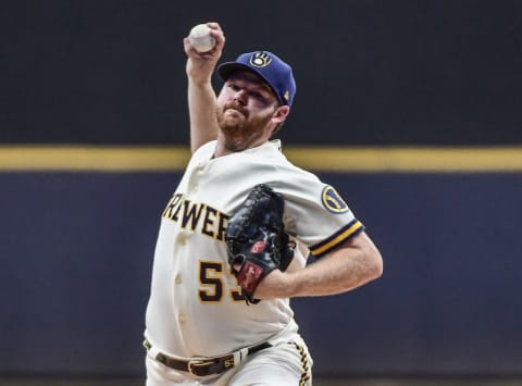 Oct 3, 2022; Milwaukee, Wisconsin, USA; Milwaukee Brewers pitcher Brandon Woodruff (53) throws a pitch in the first inning against the Arizona Diamondbacks at American Family Field. Mandatory Credit: Benny Sieu-USA TODAY Sports