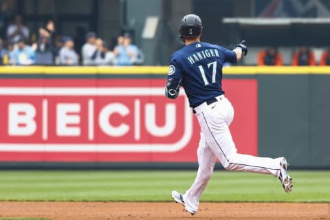 Oct 5, 2022; Seattle, Washington, USA; Seattle Mariners right fielder Mitch Haniger (17) points to the bullpen after hitting a solo-home run against the Detroit Tigers during the first inning at T-Mobile Park. Mandatory Credit: Joe Nicholson-USA TODAY Sports