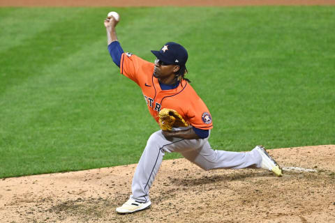 Nov 3, 2022; Philadelphia, Pennsylvania, USA; Houston Astros relief pitcher Rafael Montero (47) pitches against the Philadelphia Phillies during the eighth inning in game five of the 2022 World Series at Citizens Bank Park. Mandatory Credit: Kyle Ross-USA TODAY Sports