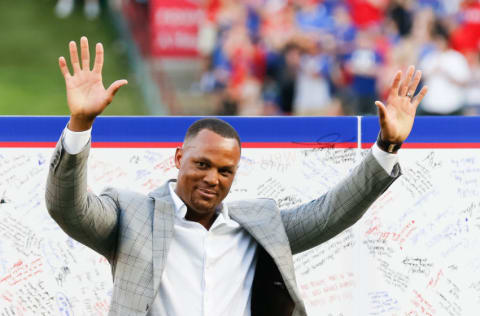 Jun 8, 2019; Arlington, TX, USA; Adrian Beltre waves to the fans during a ceremony retiring his uniform number 29 prior to a game between the Texas Rangers and the Oakland Athletics at Globe Life Park in Arlington. Mandatory Credit: Ray Carlin-USA TODAY Sports