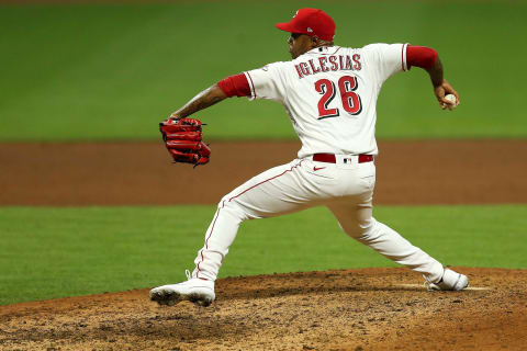 Cincinnati Reds relief pitcher Raisel Iglesias (26) delivers in the ninth inning of a baseball game against the St. Louis Cardinals, Wednesday, Sept. 2, 2020, at Great American Ball Park in Cincinnati. The Cincinnati Reds won 4-3.St Louis Cardinals At Cincinnati Reds Sept 1