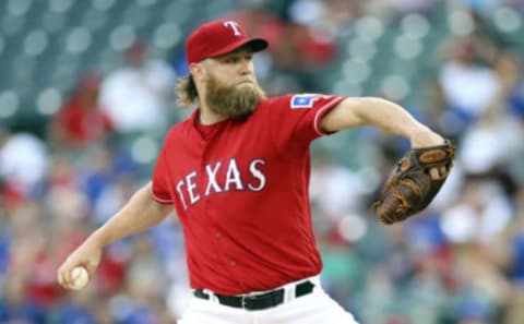 Apr 25, 2017; Arlington, TX, USA; Texas Rangers starting pitcher Andrew Cashner (54) throws during the first inning against the Minnesota Twins at Globe Life Park in Arlington. Mandatory Credit: Kevin Jairaj-USA TODAY Sports