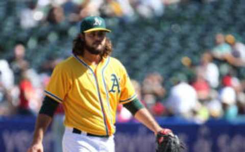 Sep 2, 2015; Oakland, CA, USA; Oakland Athletics relief pitcher R.J. Alvarez (37) returns to the dugout after the top of the eighth inning against the Los Angeles Angels at O.co Coliseum. Mandatory Credit: Kelley L Cox-USA TODAY Sports