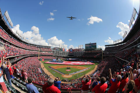 Jul 31, 2015; Arlington, TX, USA; A view the Texas Rangers logo and on deck circle before the game between the Texas Rangers and the San Francisco Giants at Globe Life Park in Arlington. The Rangers defeated the Giants 6-3. Mandatory Credit: Jerome Miron-USA TODAY Sports