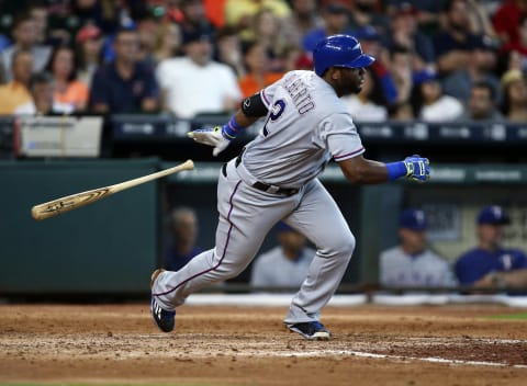 May 22, 2016; Houston, TX, USA; Texas Rangers second baseman Hanser Alberto (2) drives in a run with a single during the sixth inning against the Houston Astros at Minute Maid Park. Mandatory Credit: Troy Taormina-USA TODAY Sports