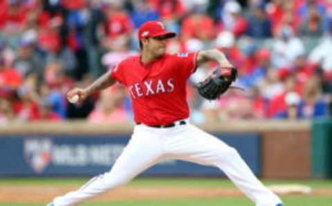 Oct 7, 2016; Arlington, TX, USA; Texas Rangers relief pitcher Matt Bush (51) throws against the Toronto Blue Jays during the eighth inning of game two of the 2016 ALDS playoff baseball series at Globe Life Park in Arlington. Mandatory Credit: Kevin Jairaj-USA TODAY Sports