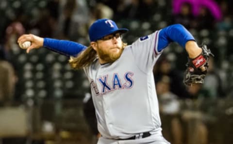 Apr 17, 2017; Oakland, CA, USA; Texas Rangers starting pitcher A.J. Griffin (64) pitches the ball against the Oakland Athletics during the sixth inning at Oakland Coliseum. Mandatory Credit: Kelley L Cox-USA TODAY Sports