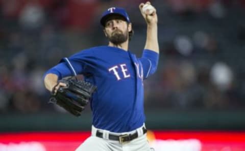 Apr 26, 2017; Arlington, TX, USA; Texas Rangers starting pitcher Cole Hamels (35) pitches against the Minnesota Twins during the fourth inning at Globe Life Park in Arlington. Mandatory Credit: Jerome Miron-USA TODAY Sports