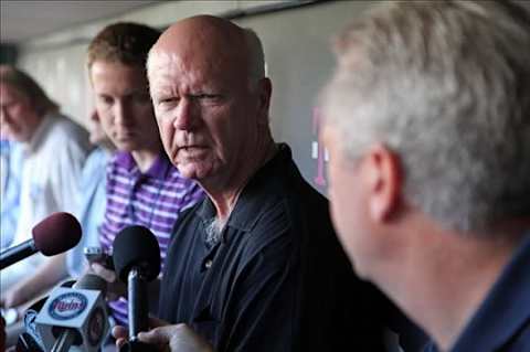 Jul 31, 2013; Minneapolis, MN, USA; Minnesota Twins general manager Terry Ryan speaks to the media prior to the game against the Kansas City Royals at Target Field. Mandatory Credit: Brace Hemmelgarn-USA TODAY Sports