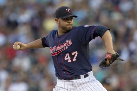 Jun 20, 2014; Minneapolis, MN, USA; Minnesota Twins starting pitcher Ricky Nolasco (47) delivers a pitch in the first inning against the Chicago White Sox at Target Field. Mandatory Credit: Jesse Johnson-USA TODAY Sports