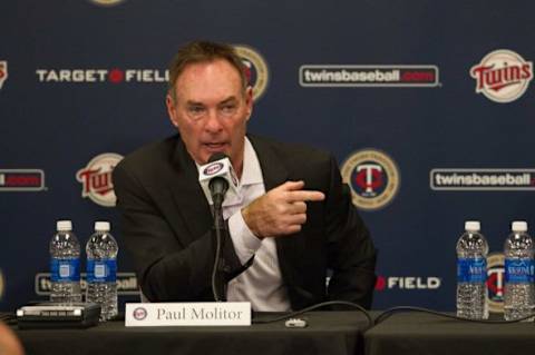 Nov 4, 2014; Minneapolis, MN, USA; Minnesota Twins manager Paul Molitor addresses the media at Target Field. Mandatory Credit: Brad Rempel-USA TODAY Sports