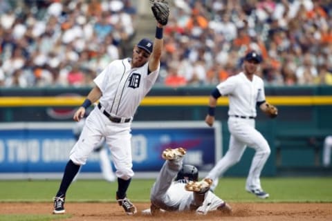 Sep 28, 2014; Detroit, MI, USA; Minnesota Twins shortstop Danny Santana (39) steal second base ahead of the throw to Detroit Tigers secantbaseman Ian Kinsler (3) in the third inning at Comerica Park. Mandatory Credit: Rick Osentoski-USA TODAY Sports