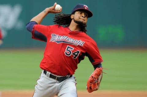 Aug 8, 2015; Cleveland, OH, USA; Minnesota Twins starting pitcher Ervin Santana (54) throws a pitch during the first inning against the Cleveland Indians at Progressive Field. Mandatory Credit: Ken Blaze-USA TODAY Sports