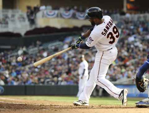 Oct 4, 2015; Minneapolis, MN, USA; Minnesota Twins shortstop Danny Santana (39) singles during the fourth inning against the Kansas City Royals at Target Field. Mandatory Credit: Marilyn Indahl-USA TODAY Sports