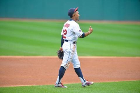 Sep 30, 2015; Cleveland, OH, USA; Cleveland Indians shortstop Francisco Lindor (12) stands on the field during a game against the Minnesota Twins at Progressive Field. Minnesota won 7-1. Mandatory Credit: David Richard-USA TODAY Sports