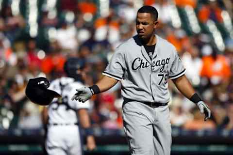 Sep 23, 2015; Detroit, MI, USA; Chicago White Sox first baseman Jose Abreu (79) tosses his helmet after striking out in the sixth inning against the Detroit Tigers at Comerica Park. Mandatory Credit: Rick Osentoski-USA TODAY Sports