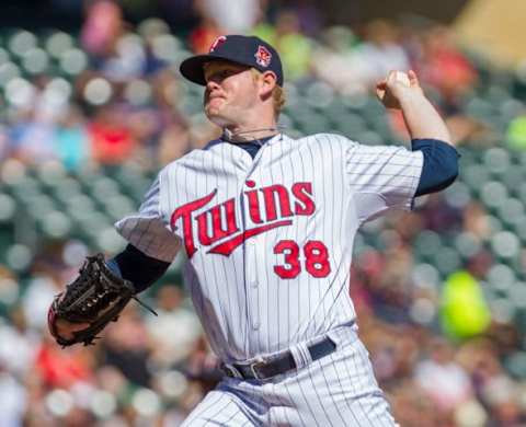 Sep 7, 2014; Minneapolis, MN, USA; Minnesota Twins pitcher Logan Darnell (38) pitches in the first inning against the Los Angeles Angels at Target Field. Mandatory Credit: Brad Rempel-USA TODAY Sports