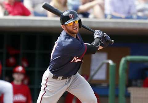 Mar 23, 2015; Clearwater, FL, USA; Minnesota Twins right fielder Shane Robinson (21) at bat during the eighth inning of a spring training baseball game against the Philadelphia Phillies at Bright House Field. Mandatory Credit: Reinhold Matay-USA TODAY Sports