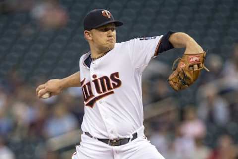 Sep 14, 2015; Minneapolis, MN, USA; Minnesota Twins starting pitcher Tyler Duffey (56) delivers a pitch in the first inning against the Detroit Tigers at Target Field. Mandatory Credit: Jesse Johnson-USA TODAY Sports