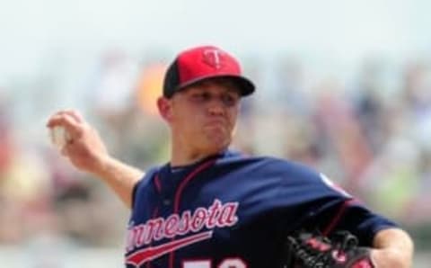 Mar 18, 2016; Fort Myers, FL, USA; Minnesota Twins pitcher Tyler Duffey (56) throws a pitch in the first inning against the Boston Red Sox at JetBlue Park. The Twins won 8-6. Mandatory Credit: Evan Habeeb-USA TODAY Sports