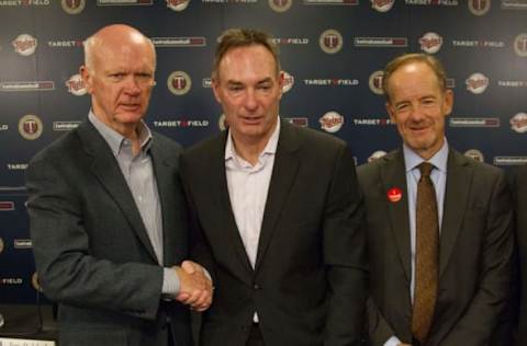 Nov 4, 2014; Minneapolis, MN, USA; Minnesota Twins general manager Terry Ryan shakes hands with manager Paul Molitor and chief executive officer Jim Pohlad at Target Field. Mandatory Credit: Brad Rempel-USA TODAY Sports