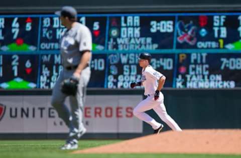 Jun 19, 2016; Minneapolis, MN, USA; Minnesota Twins outfielder Max Kepler (26) rounds the bases on a home run off New York Yankees starting pitcher Nathan Eovaldi (30) in the fifth inning at Target Field. Mandatory Credit: Brad Rempel-USA TODAY Sports