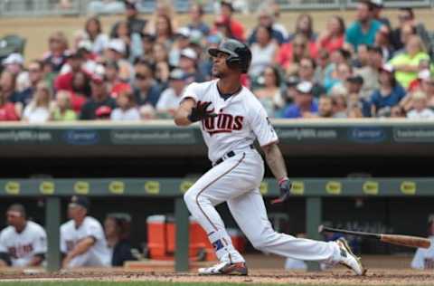 Sep 4, 2016; Minneapolis, MN, USA; Minnesota Twins center fielder Byron Buxton (25) hits a grand slam during the second inning against the Chicago White Sox at Target Field. Mandatory Credit: Jordan Johnson-USA TODAY Sports