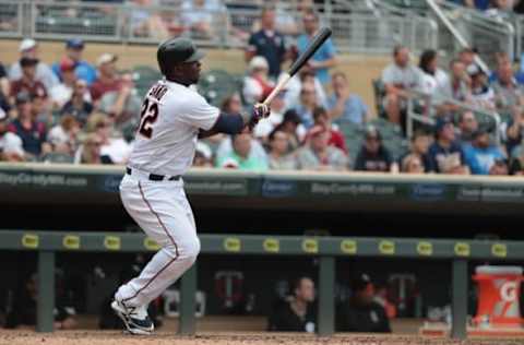 Sep 4, 2016; Minneapolis, MN, USA; Minnesota Twins third baseman Miguel Sano (22) hits a home run during the seventh inning against the Chicago White Sox at Target Field. The Chicago White Sox defeated the Minnesota Twins 13-11. Mandatory Credit: Jordan Johnson-USA TODAY Sports