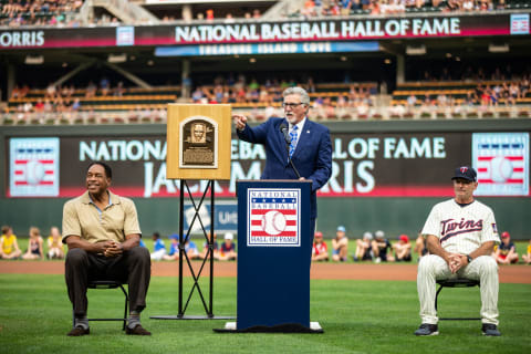 Former pitcher Jack Morris with fellow Hall of Fame players Dave Winfield and Paul Molitor of the Minnesota Twins (Photo by Brace Hemmelgarn/Minnesota Twins/Getty Images)