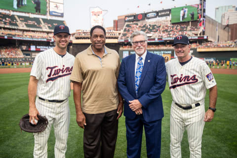 Jack Morris, Dave Winfield, Paul Molitor, and Joe Mauer of the Minnesota Twins (Photo by Brace Hemmelgarn/Minnesota Twins/Getty Images)