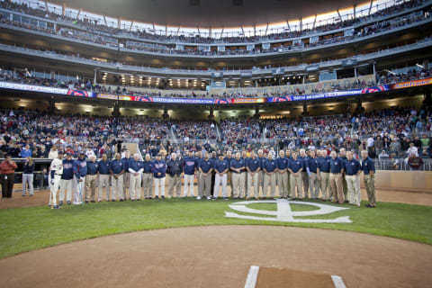 Members of the Minnesota Twins top 50 Twins from the team’s 50 years pose for a photo. (Photo by Bruce Kluckhohn/Getty Images)