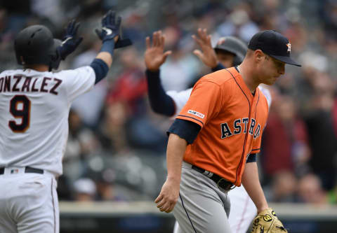 MINNEAPOLIS, MN – MAY 02: Brad Peacock #41 of the Houston Astros heads back to the mound as Marwin Gonzalez #9 and Jonathan Schoop #16 of the Minnesota Twins celebrate scoring during the fourth inning of the game on May 2, 2019 at Target Field in Minneapolis, Minnesota. The Twins defeated the Astros 8-2. (Photo by Hannah Foslien/Getty Images)