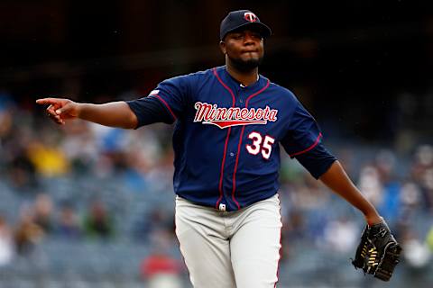 NEW YORK, NY – MAY 5: Michael Pineda #35 of the Minnesota Twins reacts against the New York Yankees during the first inning at Yankee Stadium on May 5, 2019 in the Bronx borough of New York City. (Photo by Adam Hunger/Getty Images)