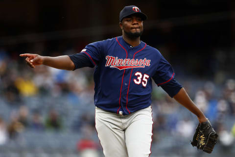 NEW YORK, NY – MAY 5: Michael Pineda #35 of the Minnesota Twins reacts against the New York Yankees during the first inning at Yankee Stadium on May 5, 2019 in the Bronx borough of New York City. (Photo by Adam Hunger/Getty Images)