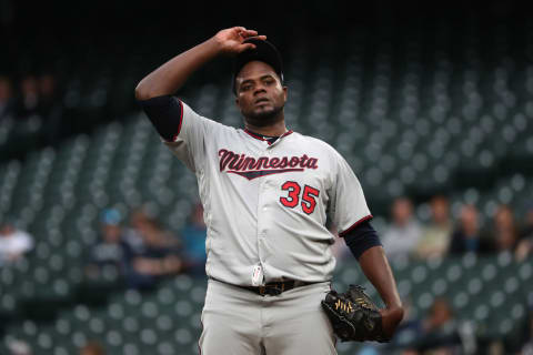 SEATTLE, WASHINGTON – MAY 16: Michael Pineda #35 of the Minnesota Twins reacts after giving up a hit to Mitch Haniger of the Seattle Mariners in the first inning during their game at T-Mobile Park on May 16, 2019 in Seattle, Washington. (Photo by Abbie Parr/Getty Images)