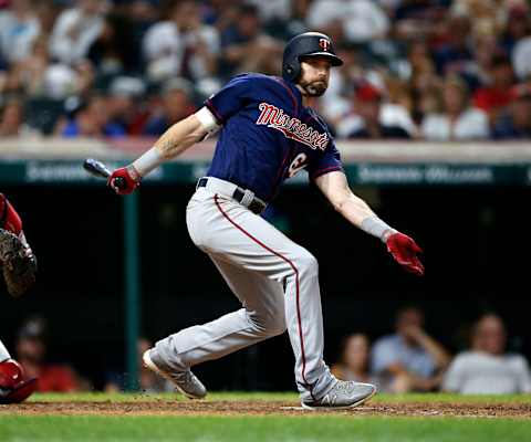 CLEVELAND, OH – JULY 13: Jake Cave #60 of the Minnesota Twins hits a two run double off Tyler Clippard #36 of the Cleveland Indians during the eighth inning at Progressive Field on July 13, 2019 in Cleveland, Ohio. Minnesota defeats Cleveland 6-2. (Photo by Ron Schwane/Getty Images)