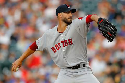 DENVER, CO – AUGUST 27: Starting pitcher Rick Porcello #22 of the Boston Red Sox delivers to home plate during the first inning against the Colorado Rockies at Coors Field on August 27, 2019 in Denver, Colorado. (Photo by Justin Edmonds/Getty Images)