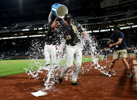 PITTSBURGH, PA – SEPTEMBER 04: Bryan Reynolds #10 of the Pittsburgh Pirates has water dumped on him by Chris Archer #24 after hitting a walk off two run RBI single to give the Pirates a 6-5 win over the Miami Marlins at PNC Park on September 4, 2019 in Pittsburgh, Pennsylvania. (Photo by Justin Berl/Getty Images)