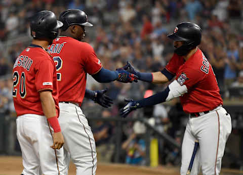 Eddie Rosario, Marwin Gonzalez, and Miguel Sano of the Minnesota Twins (Photo by Hannah Foslien/Getty Images)